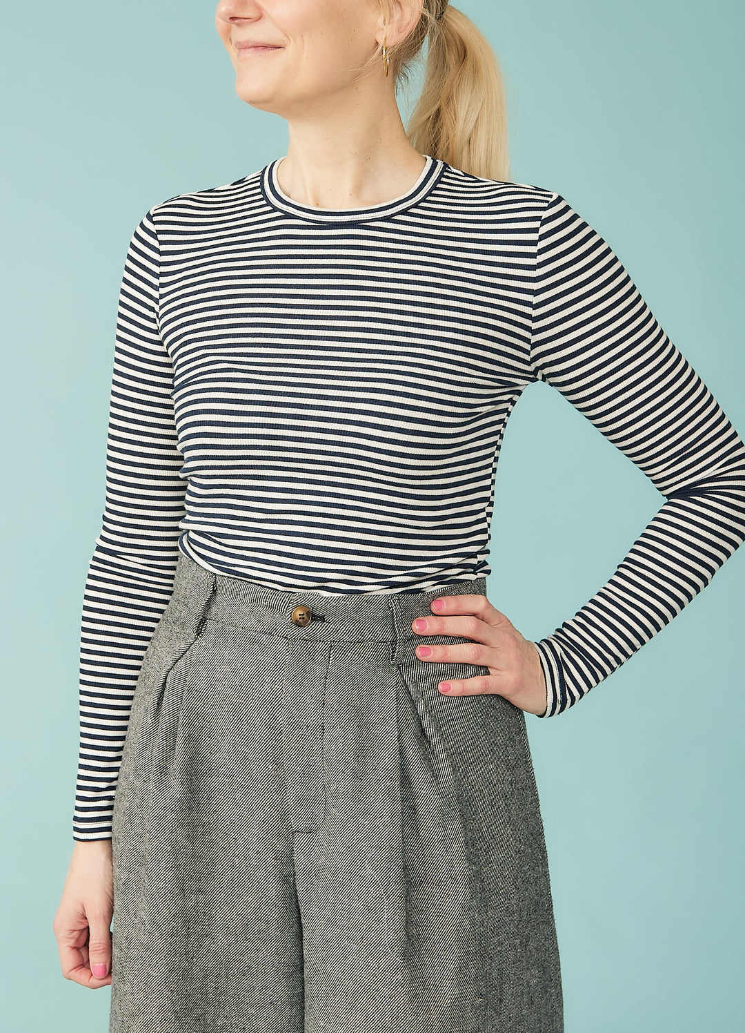 Fenja langærmet t-shirt - blå/hvid