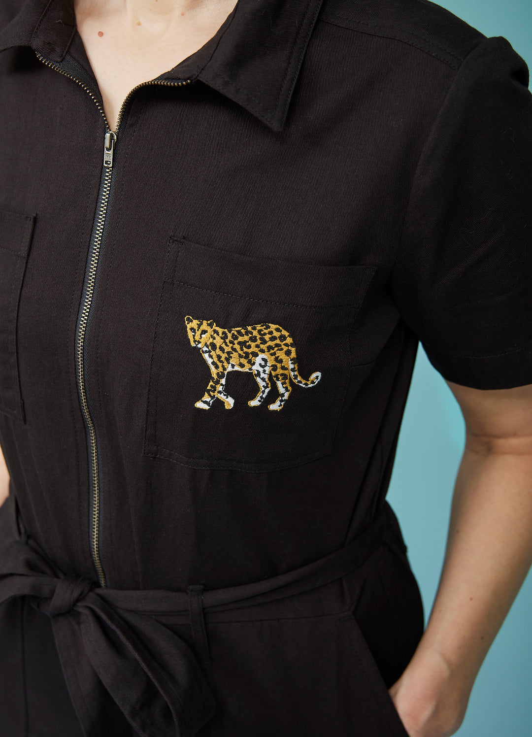 Billy Short Sleeve Jumpsuit Leopard Embroidered Detail in Black