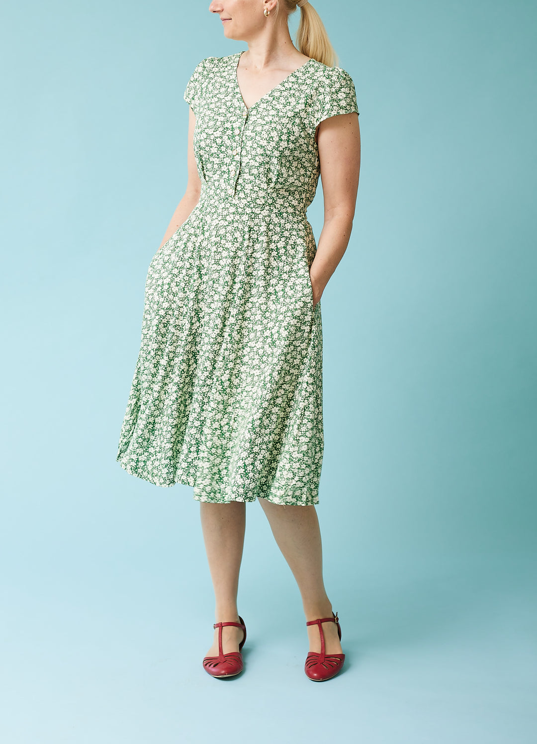 Cathleen Midi Periwinkle Tea Dress - green/cream