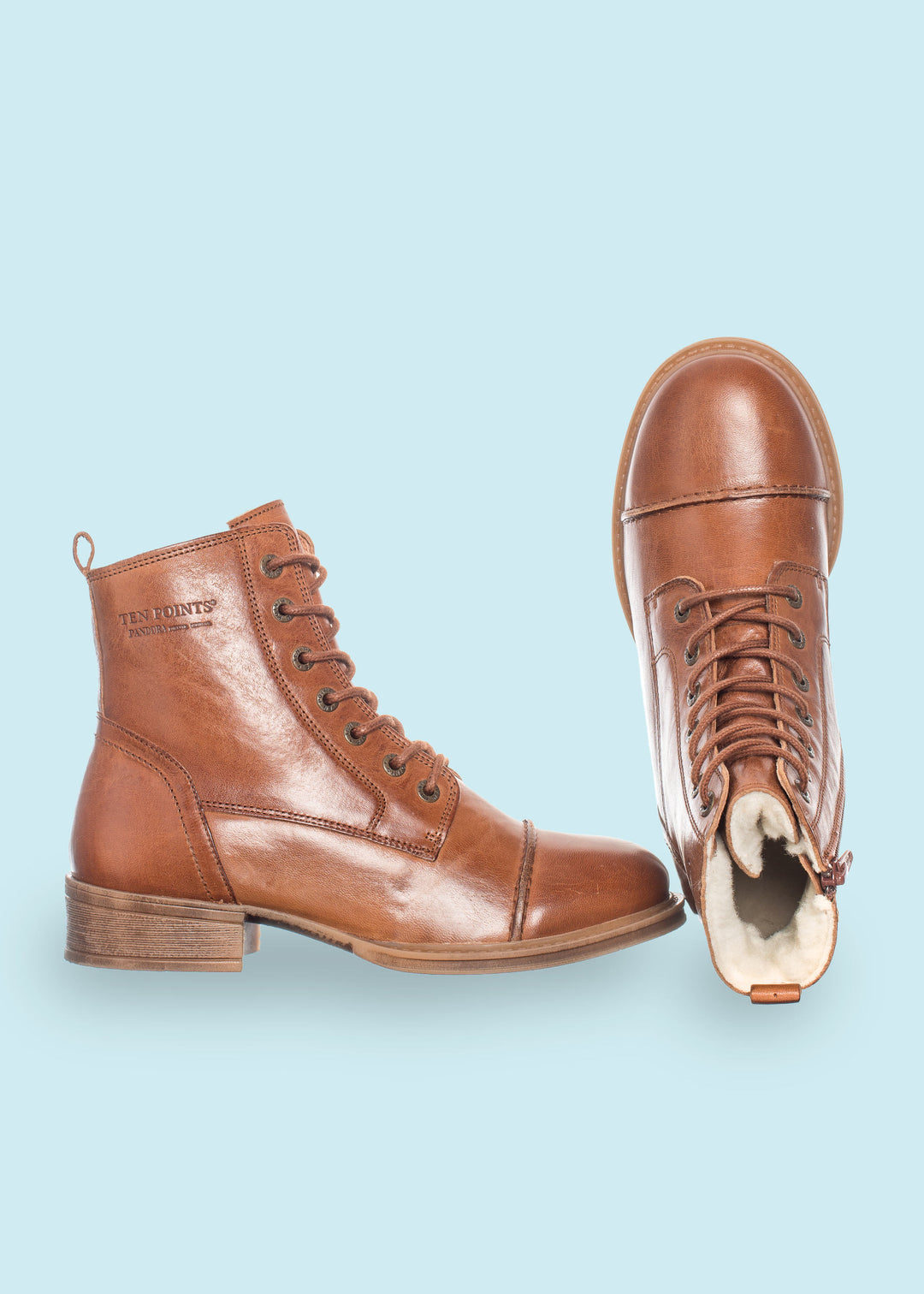 Pandora Snørestøvler i læder med for - cognac