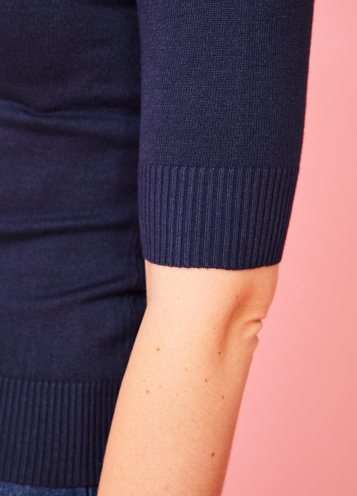 Knitted top with three-quarter sleeves and small puff sleeves - navy