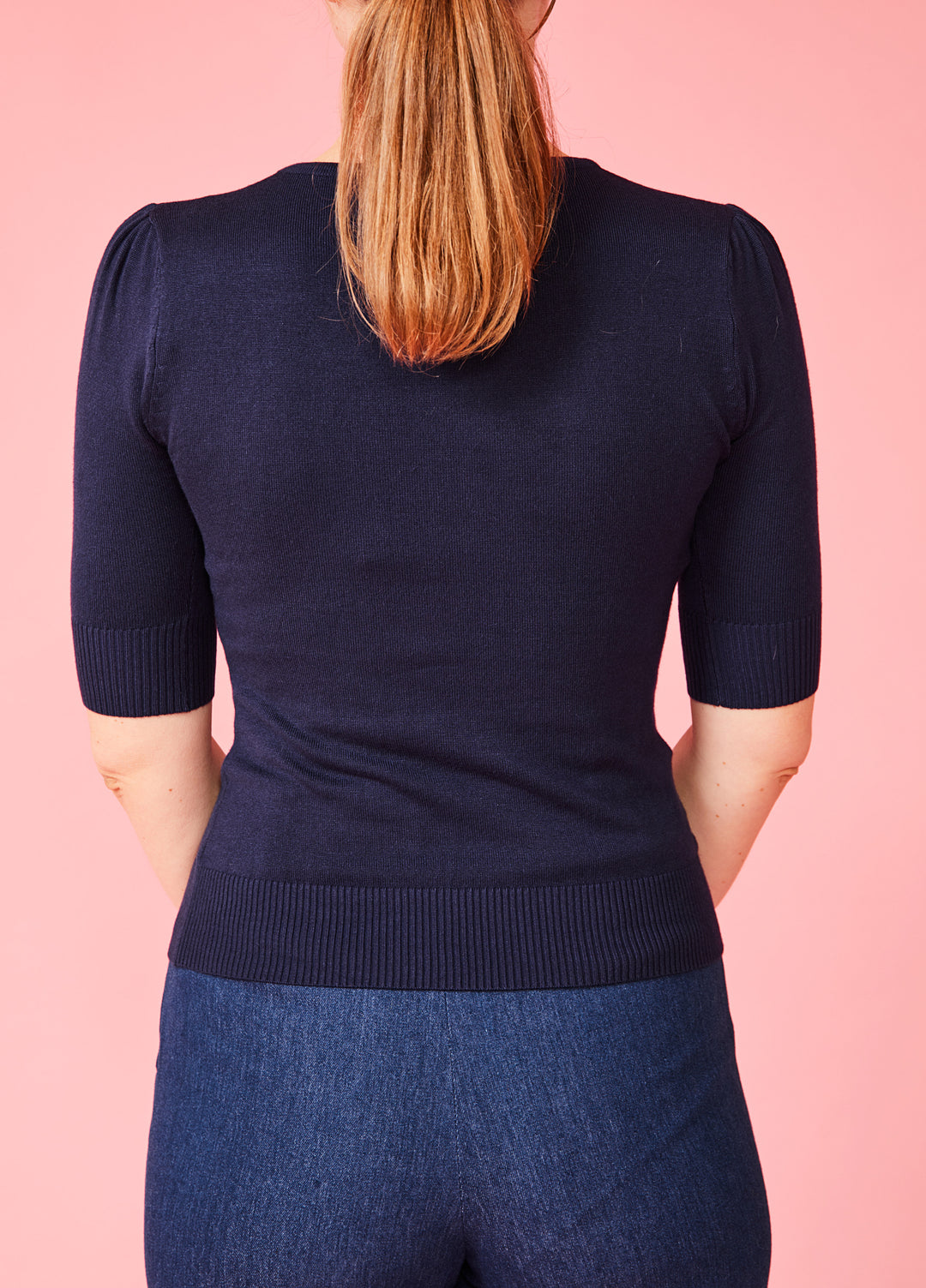 Knitted top with three-quarter sleeves and small puff sleeves - navy