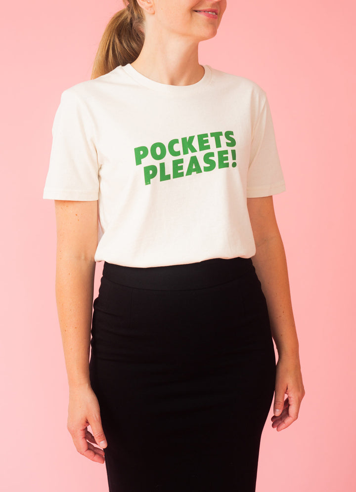 "Pockets please"T-shirt - Sparkling Cream/green