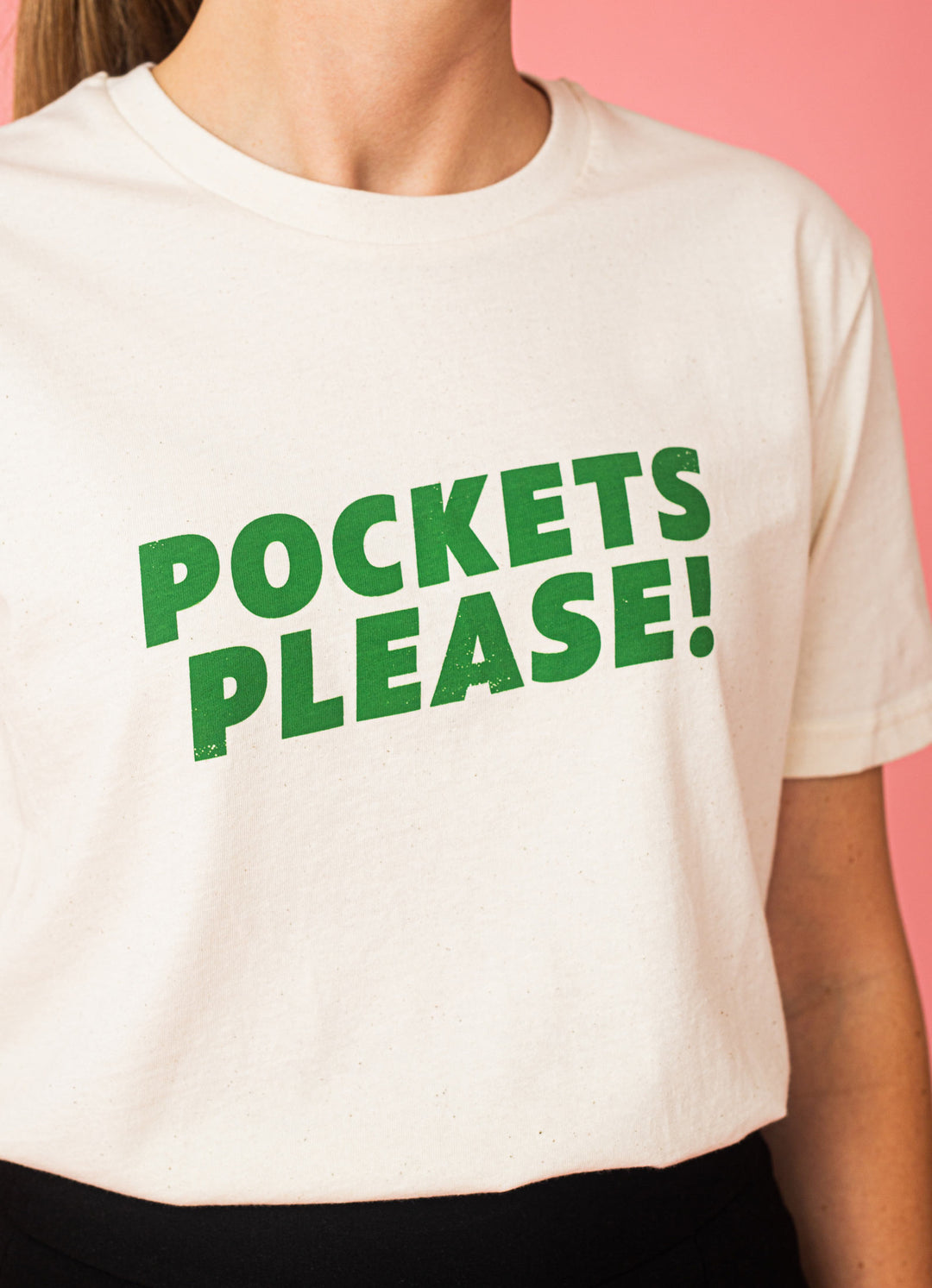 "Pockets please"T-shirt - Sparkling Cream/green