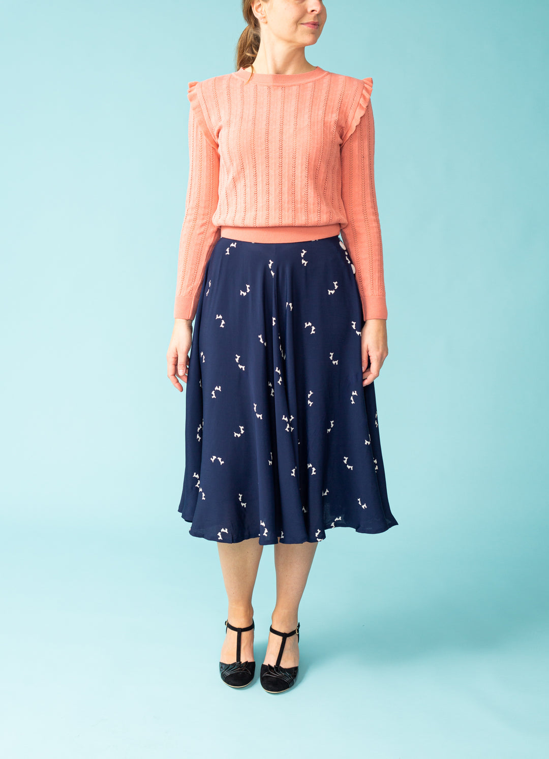 Swing skirt with white buttons - navy/white dogs