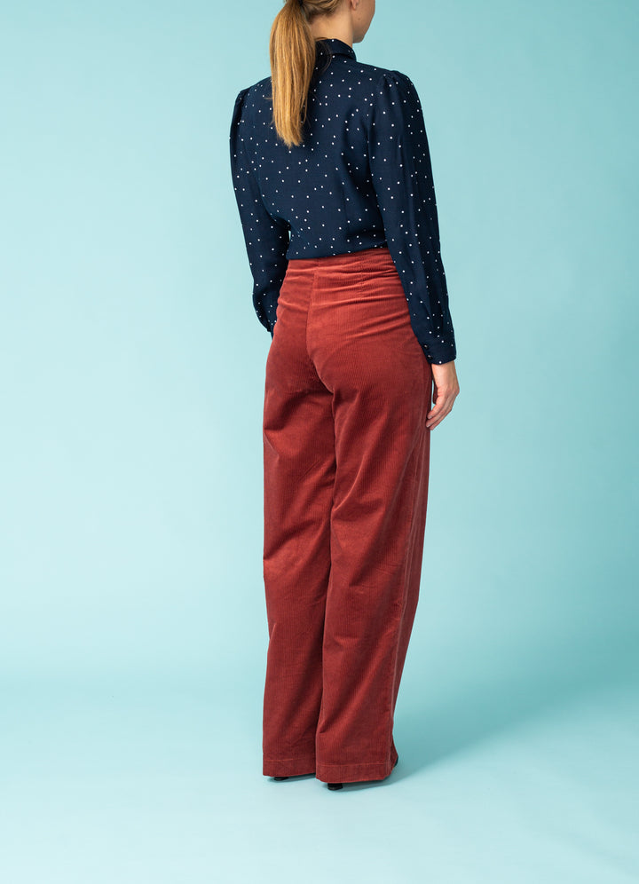 Velvet trousers with a high waist and wide legs - light burgundy